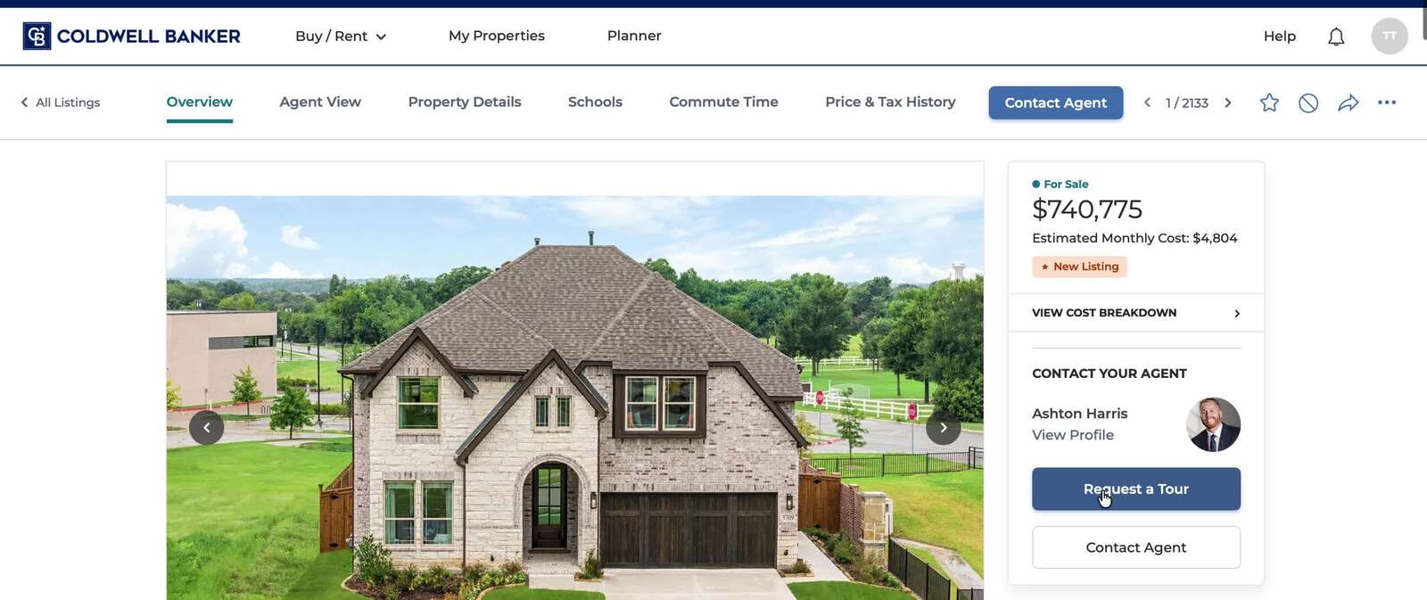 Portal property detail page with Request a Tour and Contact Agent buttons
