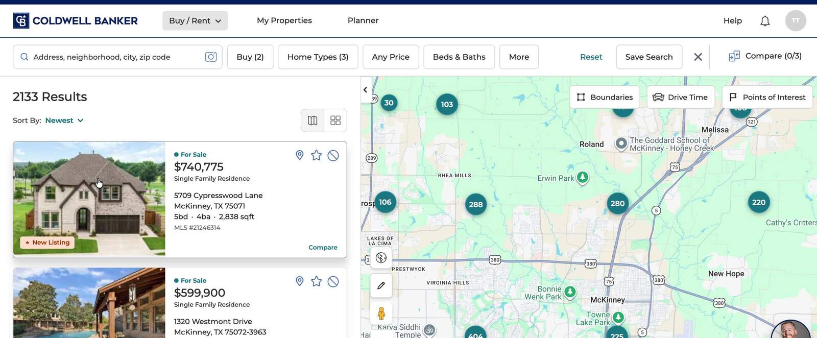 Portal search results showing grid view with map of DFW listings